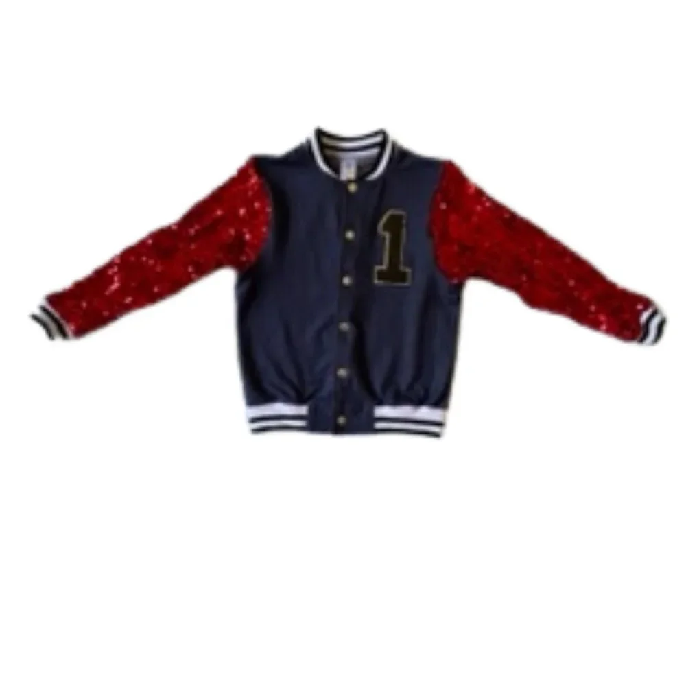 Varsity Jacket with Red Sequin Sleeves used as dance/performance costume. Size M